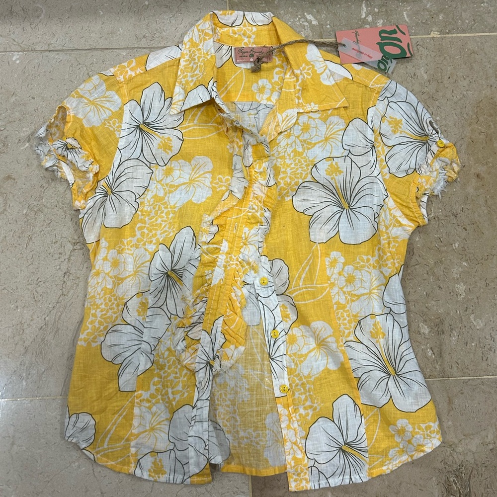 Yellow and white floral button up shirt